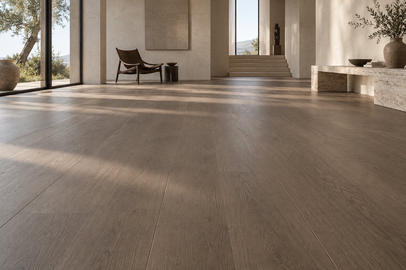 Interior concept with warm wood-look flooring and natural light